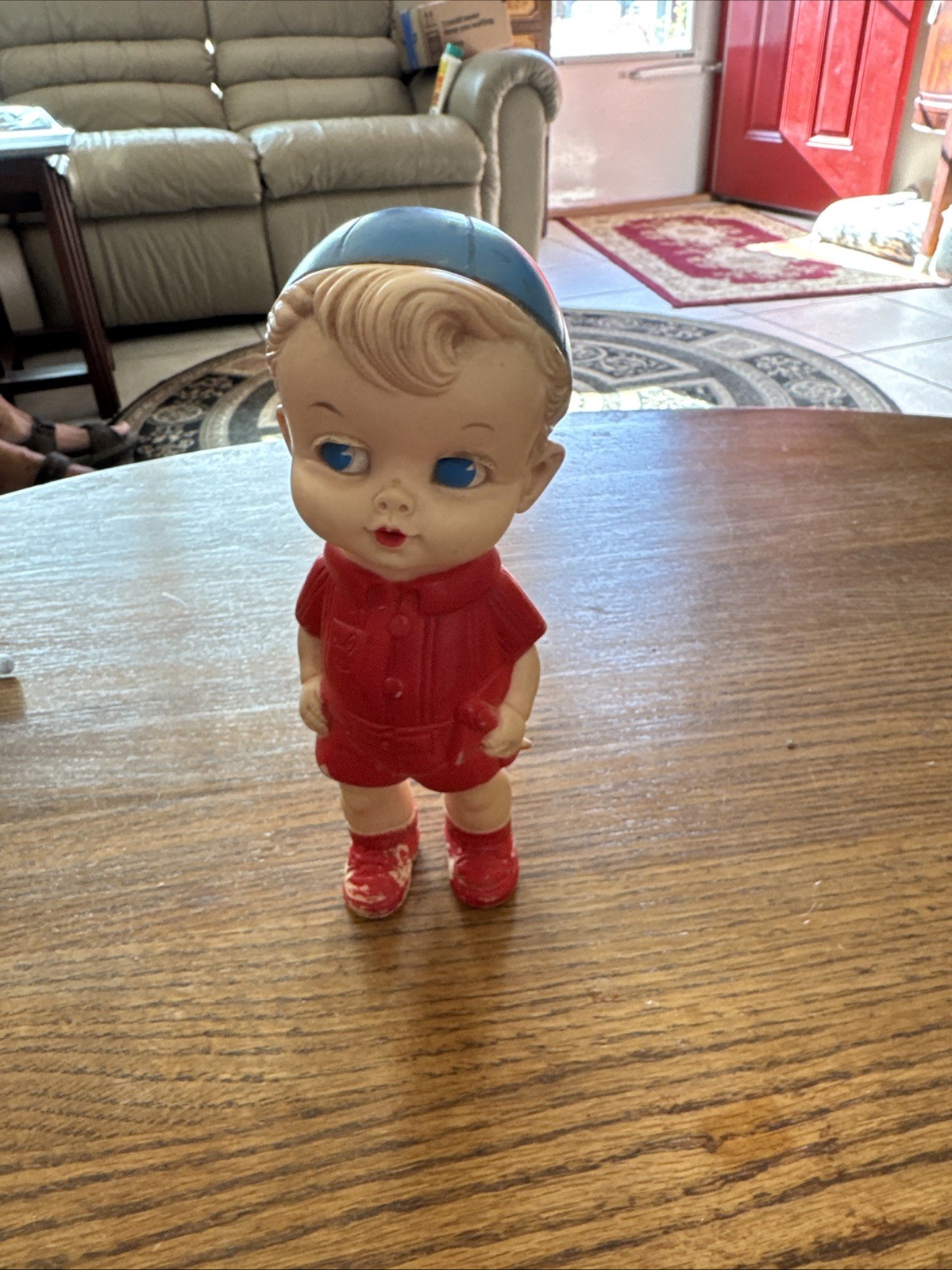 Vintage 1958 Edward Mobley Boy Doll Squeaky Toy Arrow Rubber Blue Hat