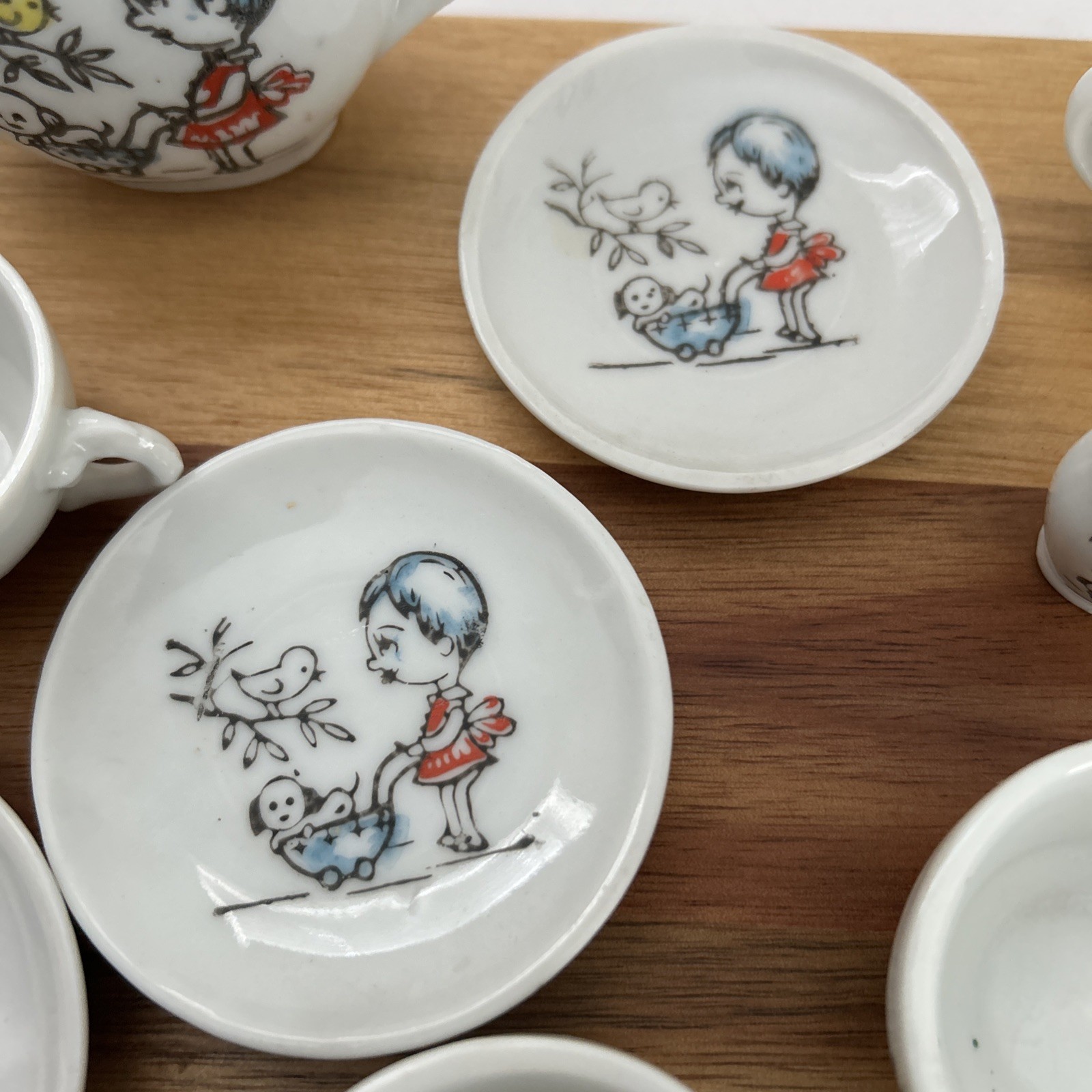VINTAGE TOY CHINA TEA SET – 13 Piece Set MADE IN JAPAN Girl Dog Carriage Chick