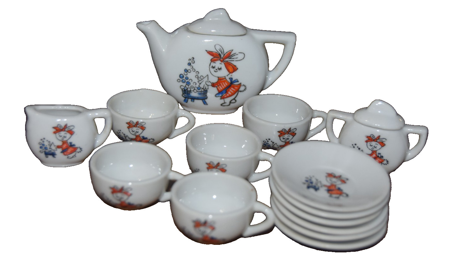 Vintage Porcelain Childrens Play Dishes Tea Set Bunny Rabbit Washing Dishes