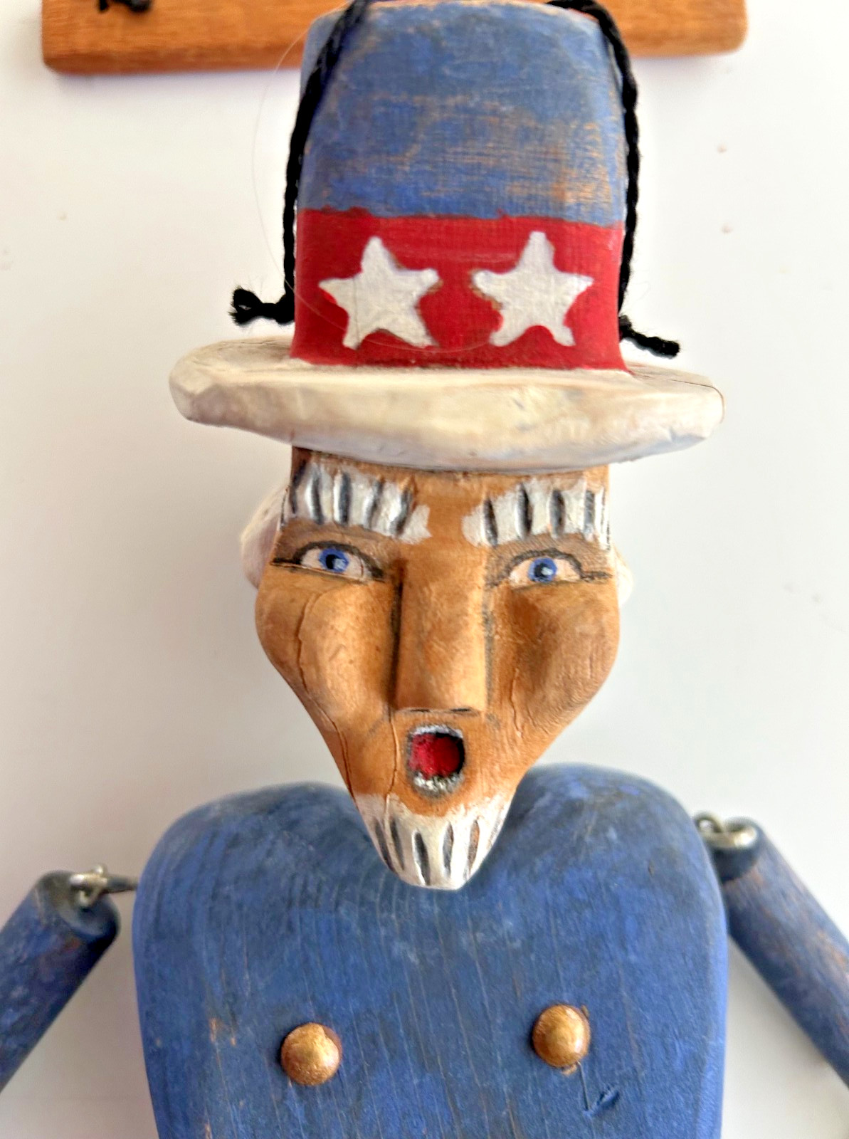 Hand Carved Wood Marionette String Puppet Uncle Sam Folk Art 4th July Patriotic
