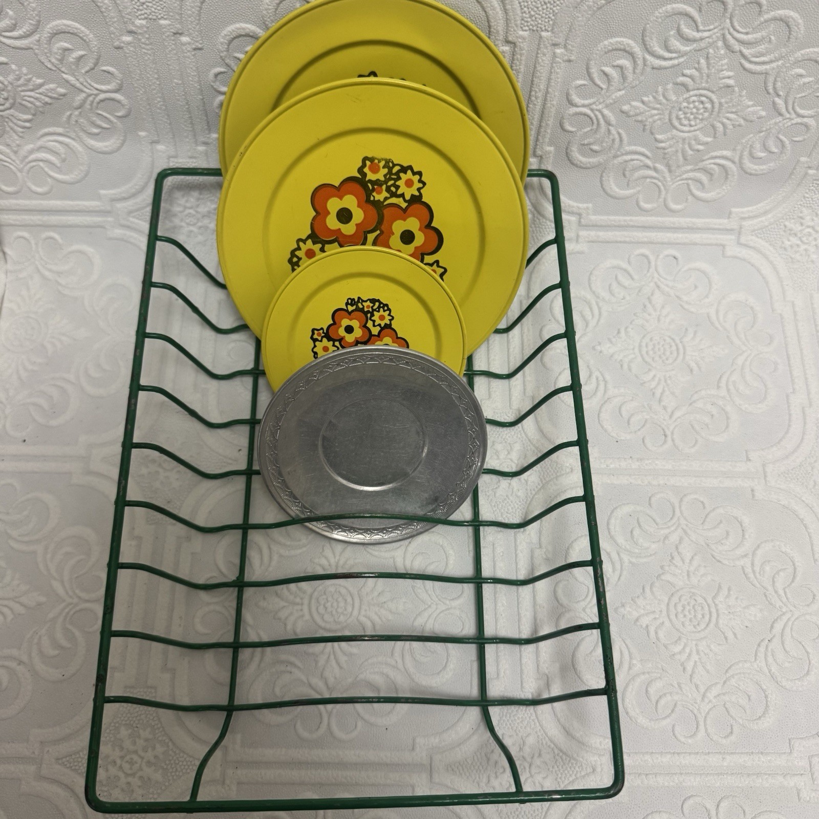 Vintage Doll Play Dishes W/ Drying Rack Flower Power Pattern Orange Floral & Tin