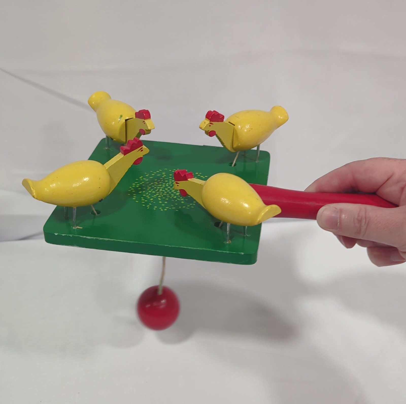 Vintage Brio Pecking Chickens Wood Paddle String Toy- Sweden 1950s