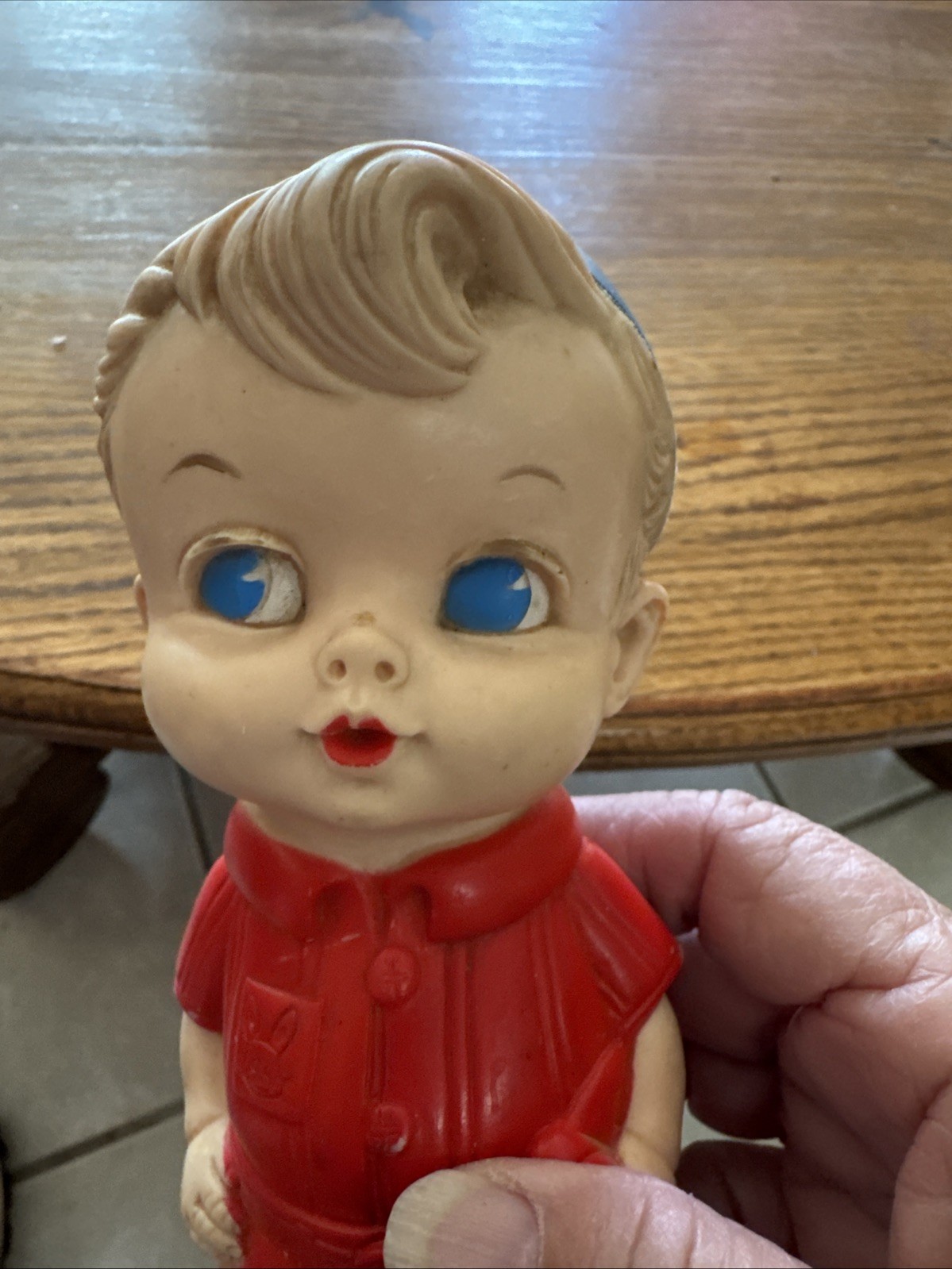 Vintage 1958 Edward Mobley Boy Doll Squeaky Toy Arrow Rubber Blue Hat