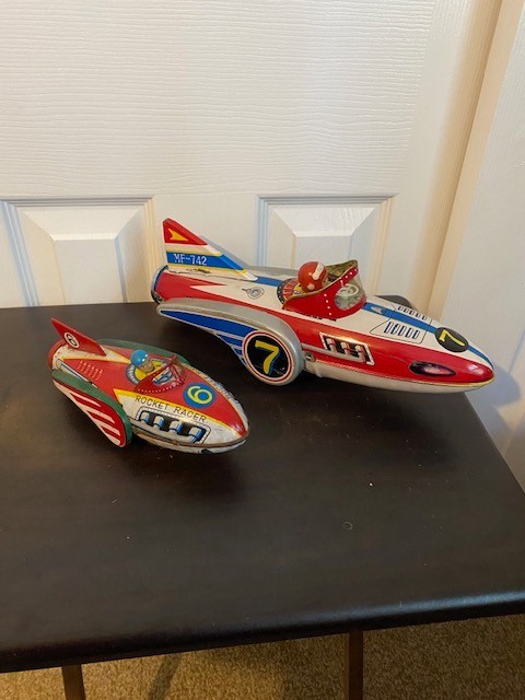 2 Vintage Tin Toys Friction Rocket Racer Number 6 & MF-742