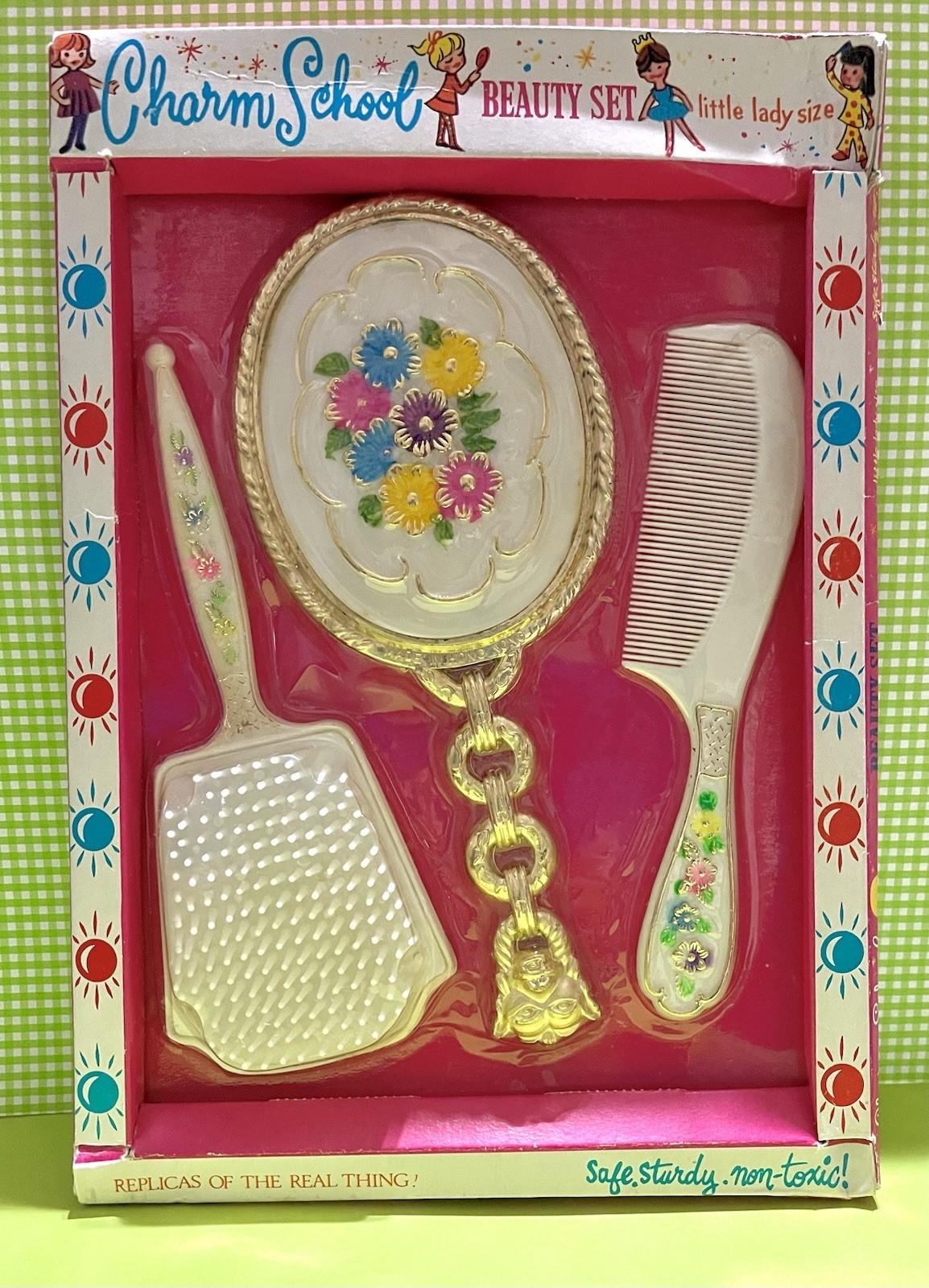 Vintage Children’s Floral/White/Gold Beauty Vanity Set-Mirror Brush Comb