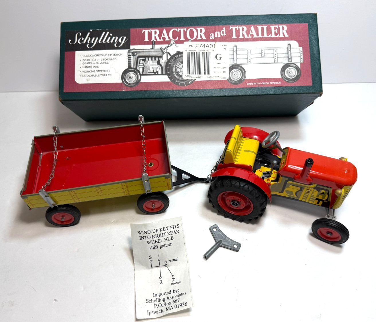 Vtg Schylling Wind-Up Tractor & Trailer Tin Toy Original Box – Czech Republic