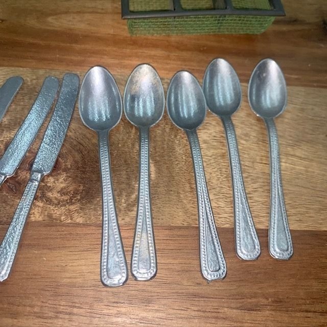 Vtg German Mini Toy Metal Silverware Set 4” Play Kitchen Utensils in Tray Doll