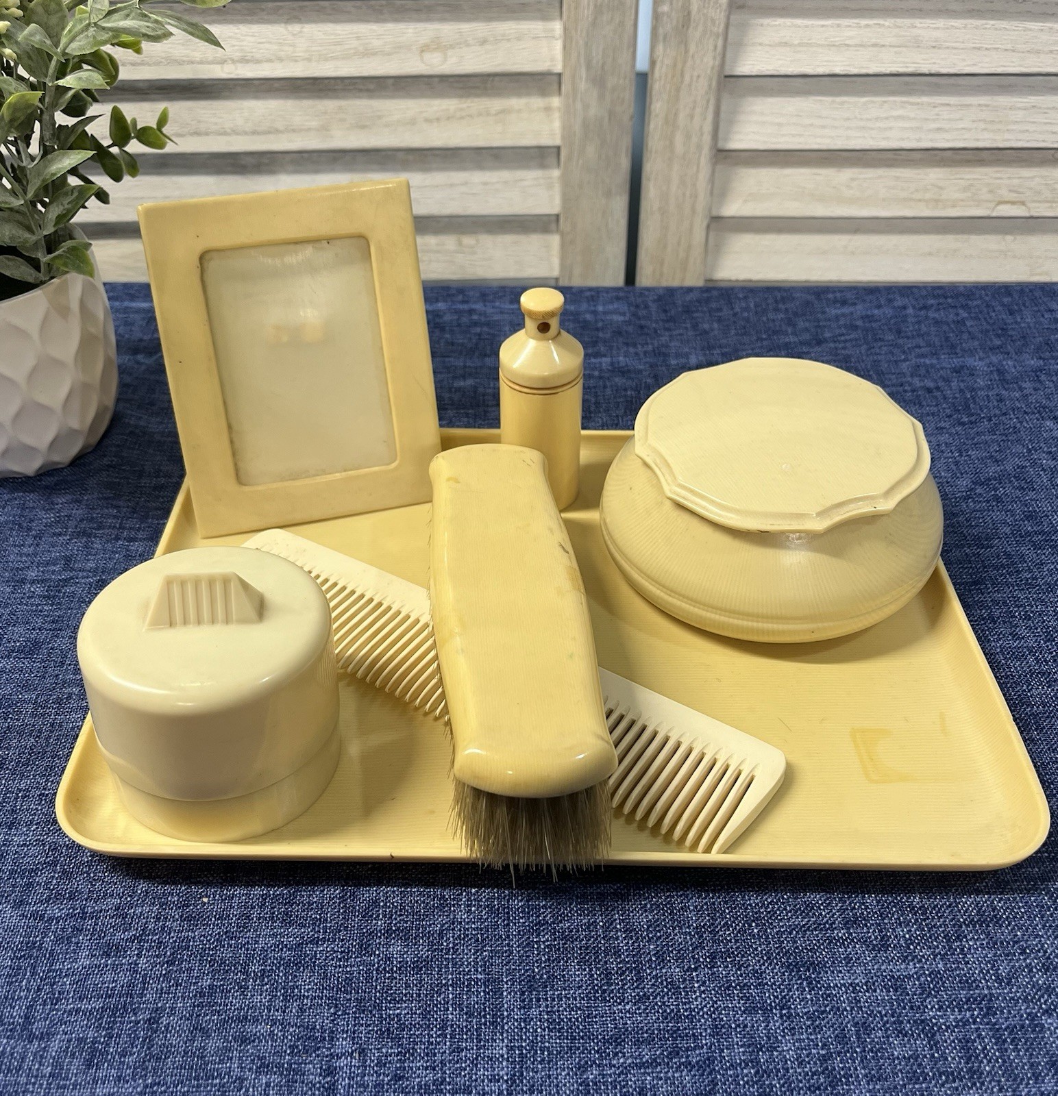 Antique French Ivory Celluloid/Pyralin Mismatched Vanity Set