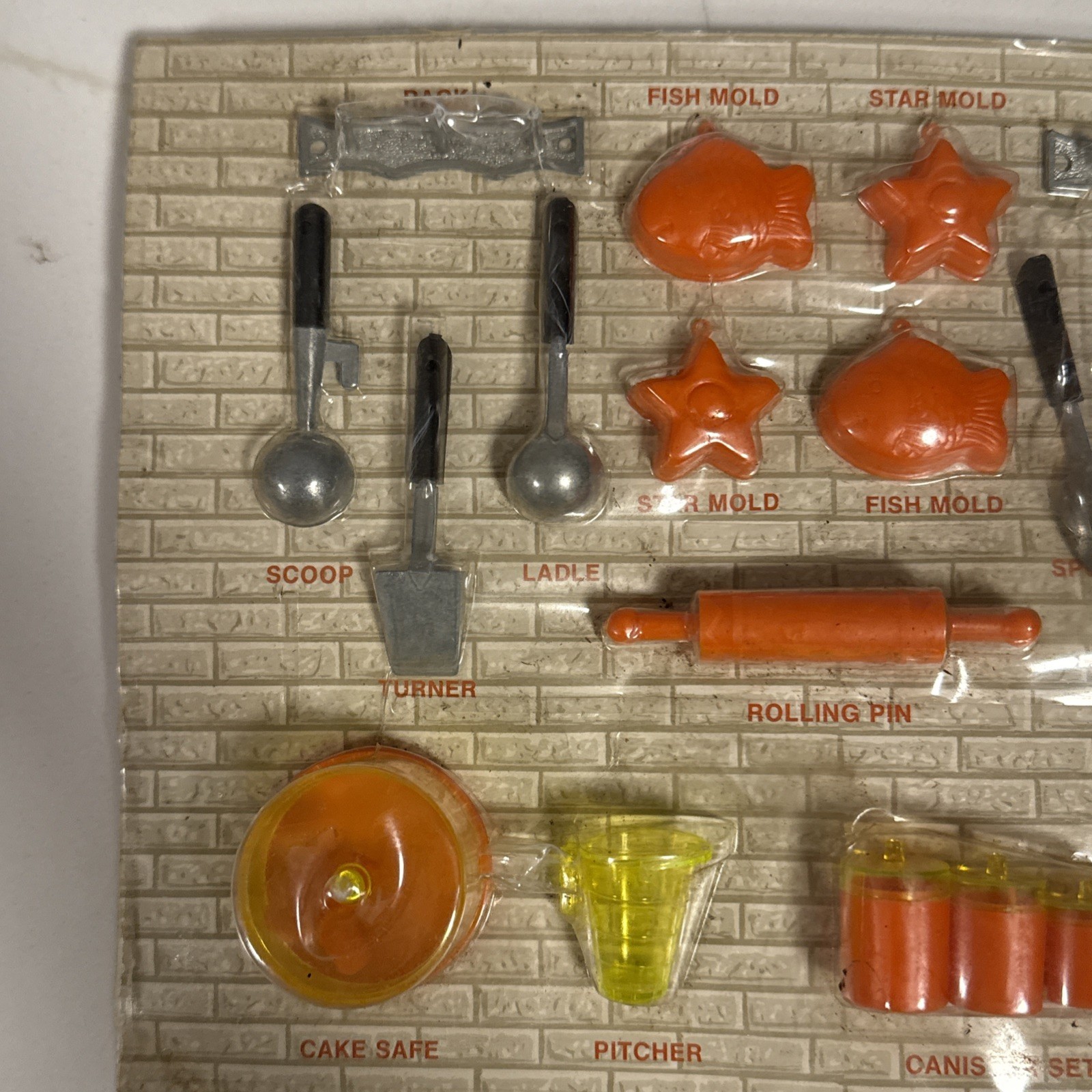 Vintage Ideal Mini-Matic Kitchen Utensils Set Retro Orange Yellow Canister Toy