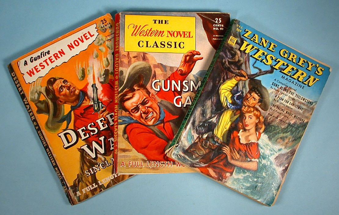 1945-1951 3 Western Digest Pulp Magazines Zane Grey Gunsmoke Galoot Dell Hillman