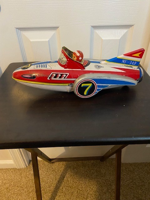 2 Vintage Tin Toys Friction Rocket Racer Number 6 & MF-742