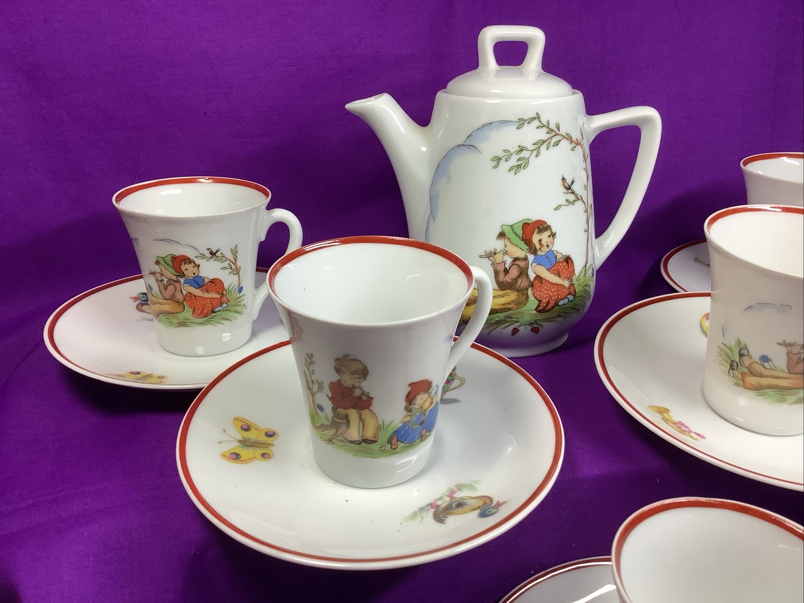 Rare Vintage Upsala Ekeby Karlskrona Child’s Tea Set Teapot Cups Sweden 410