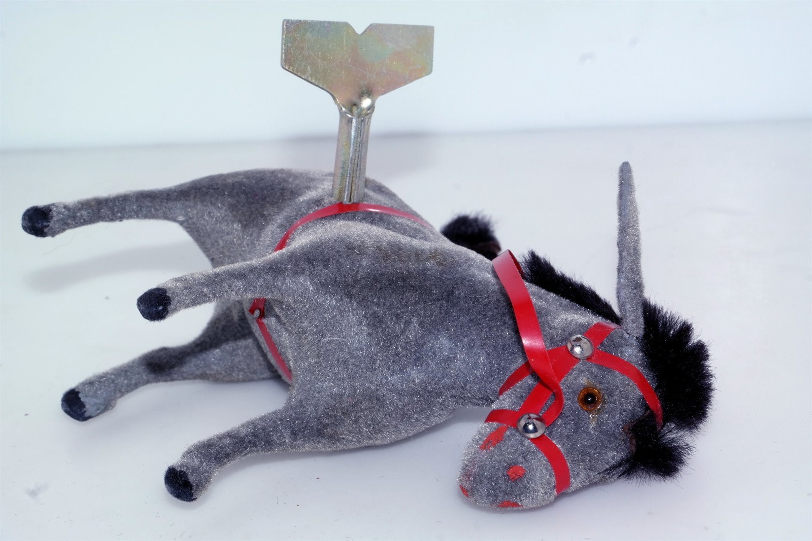 Antique Wind-Up Donkey Grey Felt Black Mane Moving Ears Spinning Tail w Key