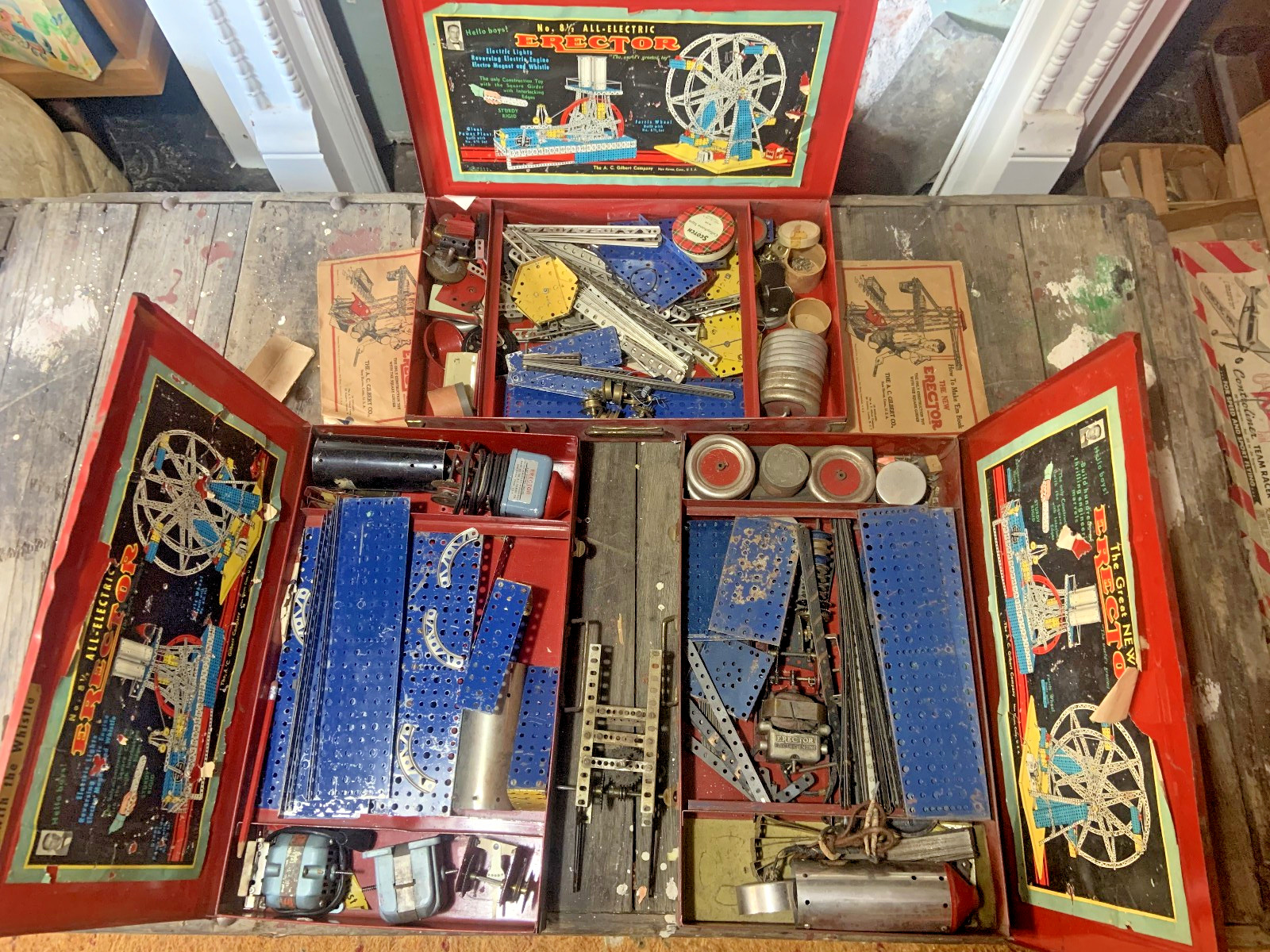 3 different Vintage A. C. Gilbert 8-1/2 Erector Sets w/ Manual & Case
