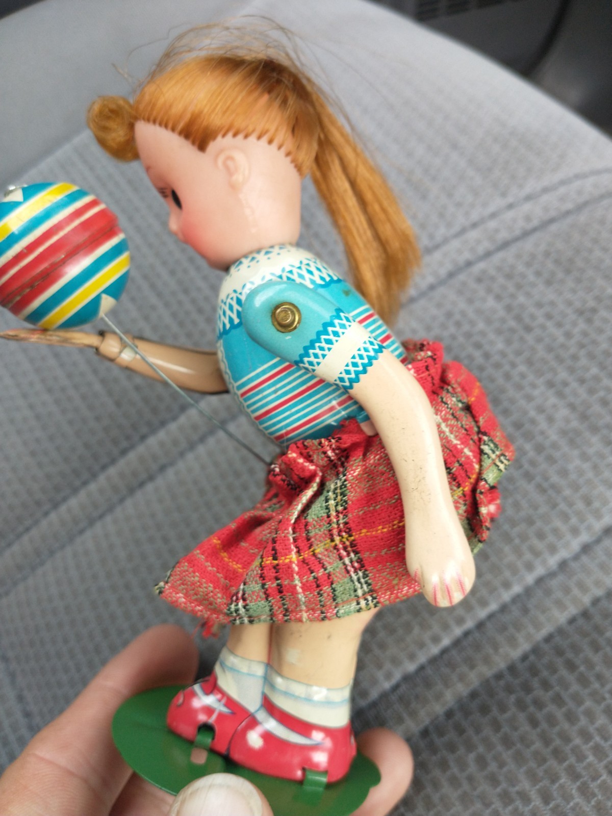 Vintage Japanese Mechanical Suzy Wind-Up Tin Toy / Bouncing a Ball