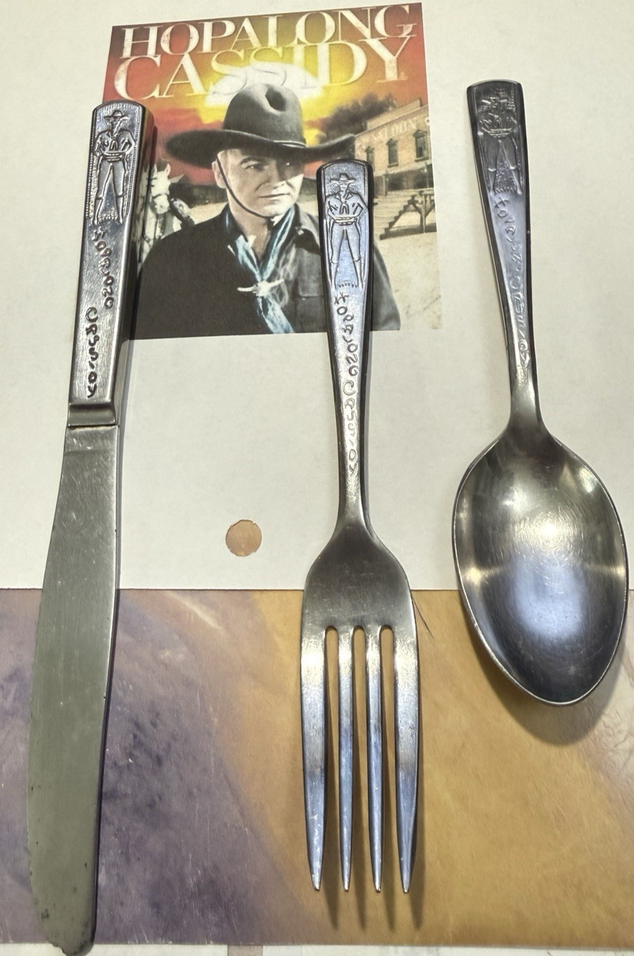 Hopalong Cassidy KNIFE, FORK & SPOON TABLEWARE SET-ORIGINAL 1950’S STAINLESS