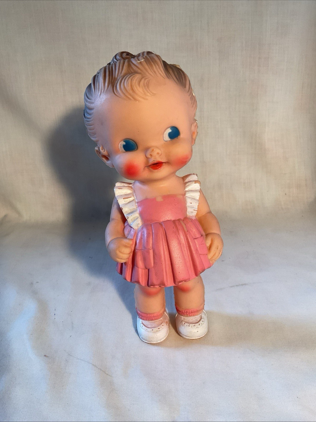 Vintage Ruth E. Newton 1950’s Sun Rubber Baby Doll Pink Dress Squeaky Toy RL