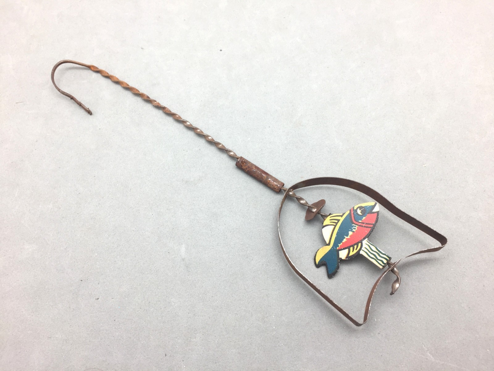Tin Metal Litho Twirling Spinning Fish & Hoop Toy Vintage Mechanical Primitive