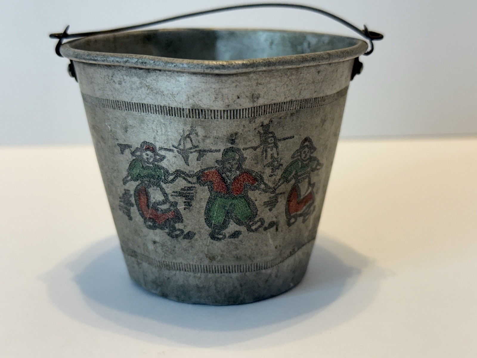Tin Sand Pail Bucket Made In France Miniature w/ Dutch Children Green & Red VTG