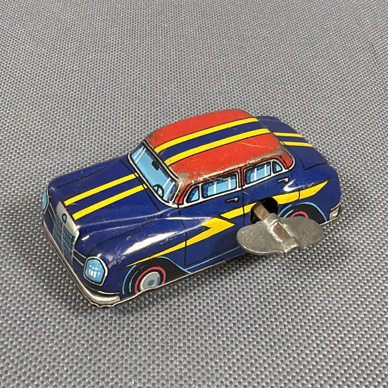 Vintage Tin Litho Wind Car Toy, Kanto Toys Japan Blue Red Lightening Bolt Works