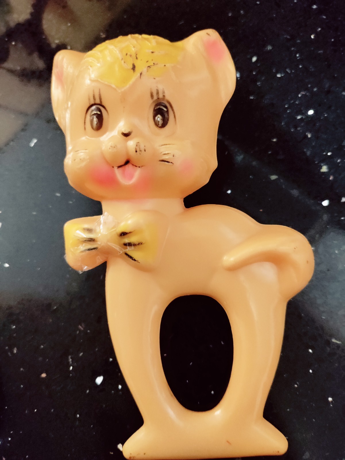 Vintage Celluloid Baby Rattle Cat Collectible Toy Old Hard Plastic HONG KONG EUC