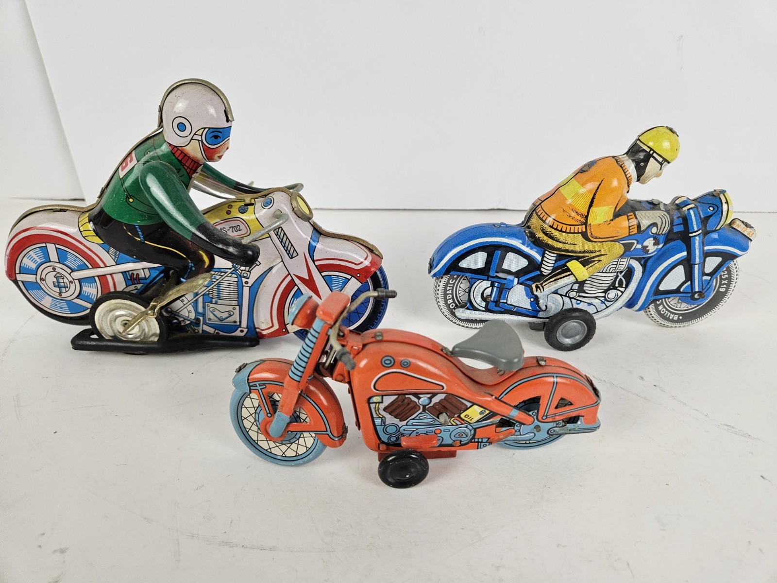 Vintage Lot of 3 Tin Litho Wind-Up and Friction Motorcycle Toy Toys