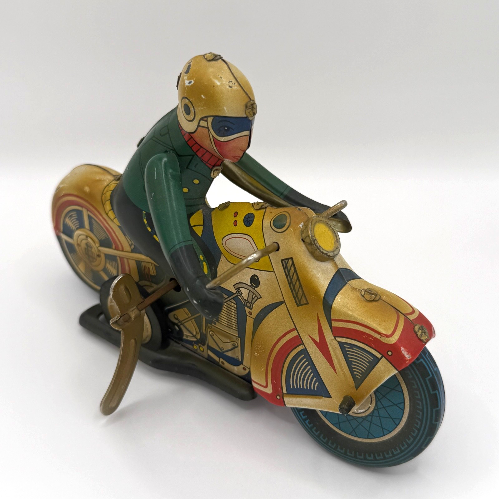 Tin Litho Wind-Up Motorcycle Toy with Rider Vintage Style Reproduction