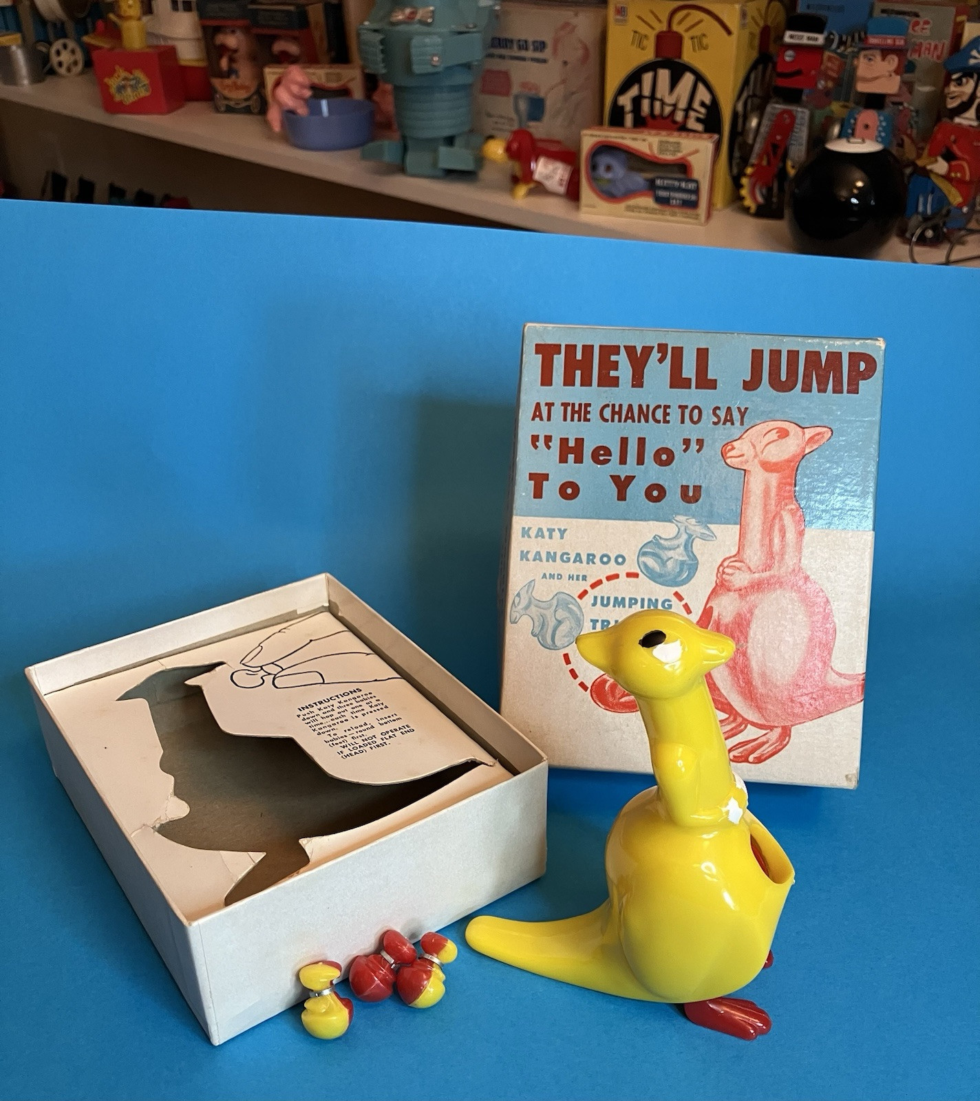 Katy Kangaroo w/3 Jumping Joeys Plastic w/Box 1951 H. Fishlove – Marvin Glass