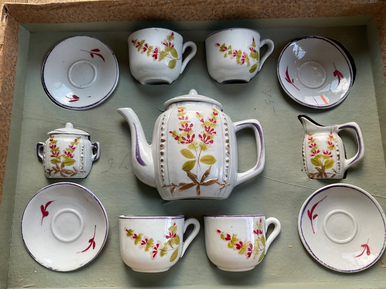 Antique Victorian Hand-Painted German Porcelain Child’s Tea Set Original Box