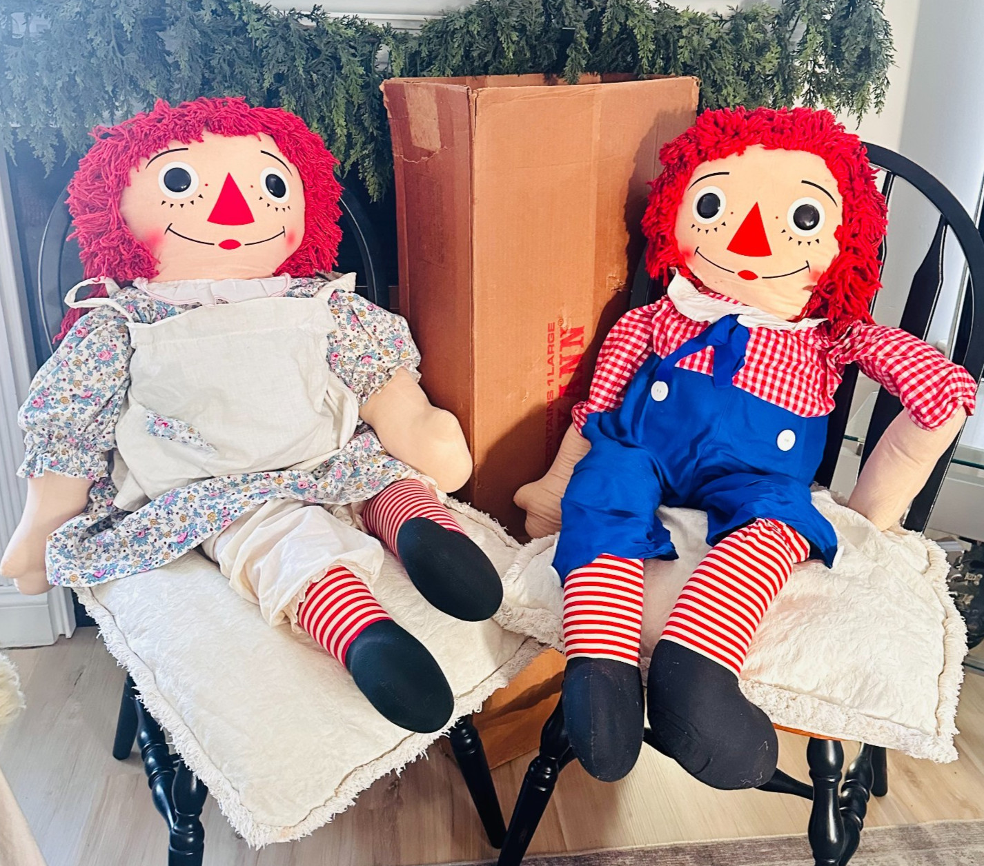 vtg Knickerbocker Raggedy Ann & Andy 60s 42″ Tall Pair Dolls w a original box