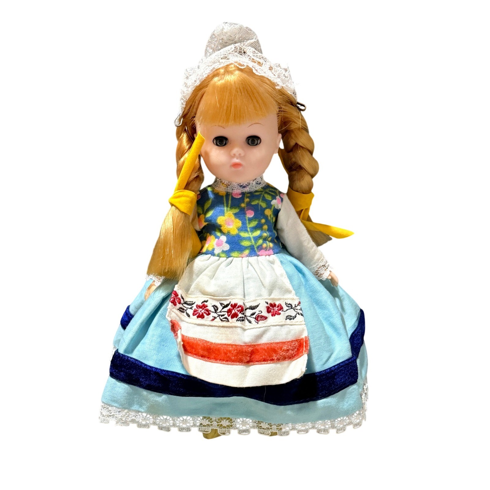 Vintage Dutch Folk Costume Mini Doll Braided Blonde Hair Blue Dress Lace Cap 8in