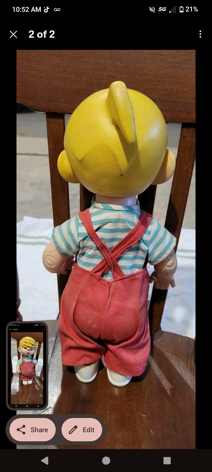 1950s Vintage Dennis the Menace Doll Yellow Hair Striped Shirt Red Overalls