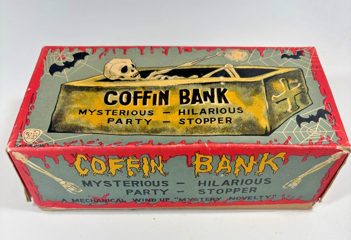 New NOS Vintage Coffin Bank Mechanical Wind Up Tin Toy by Yonezawa Toys Japan
