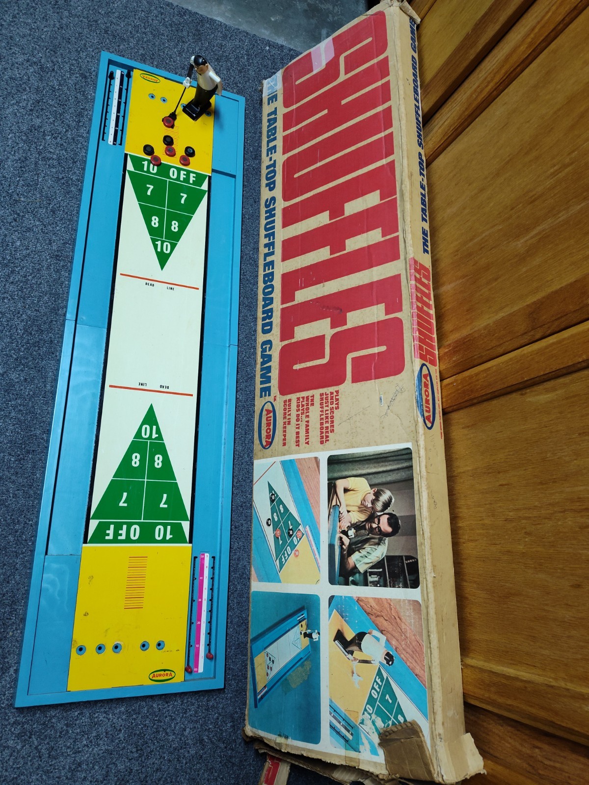 Vintage 1969 ~ “SHUFFLES” THE TABLE-TOP SHUFFLEBOARD by AURORA ~ 43.5″ COMPLETE