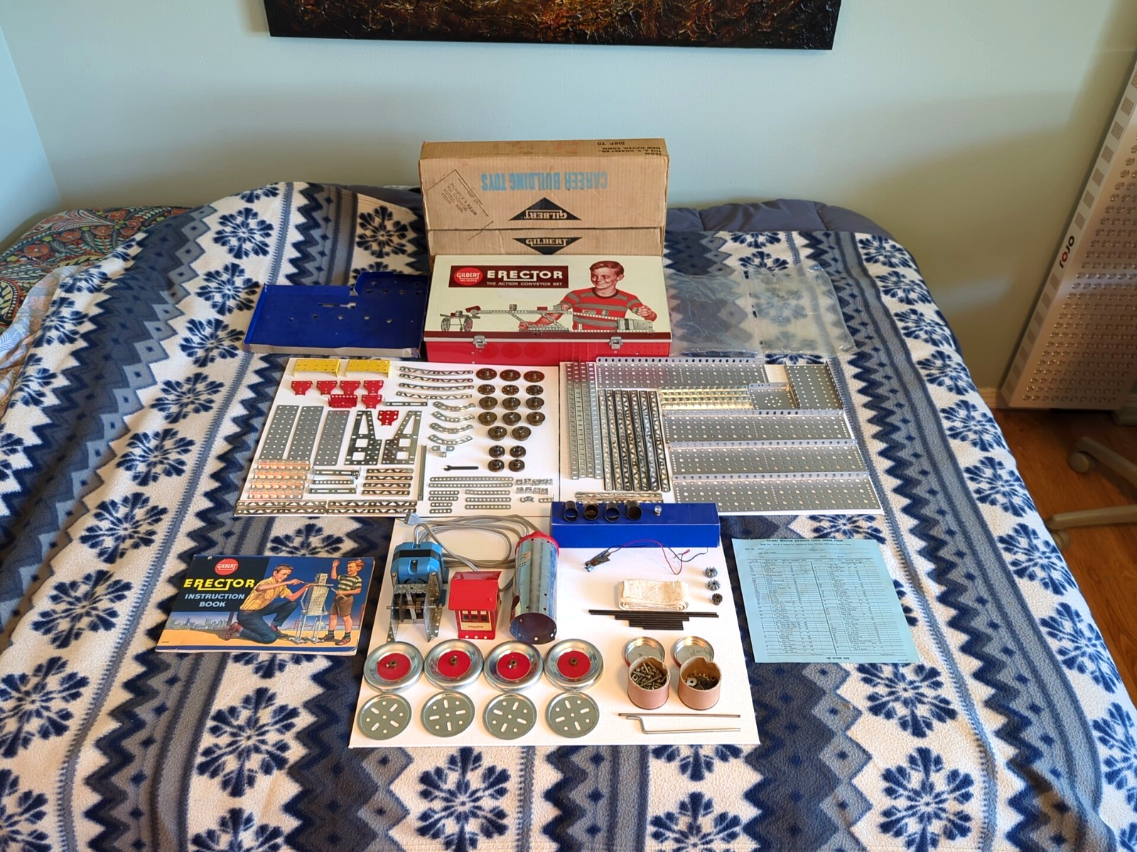 vtg AC Gilbert Erector Set 10063 conveyor 95% compl wkg motor Mega lot 1959 USA