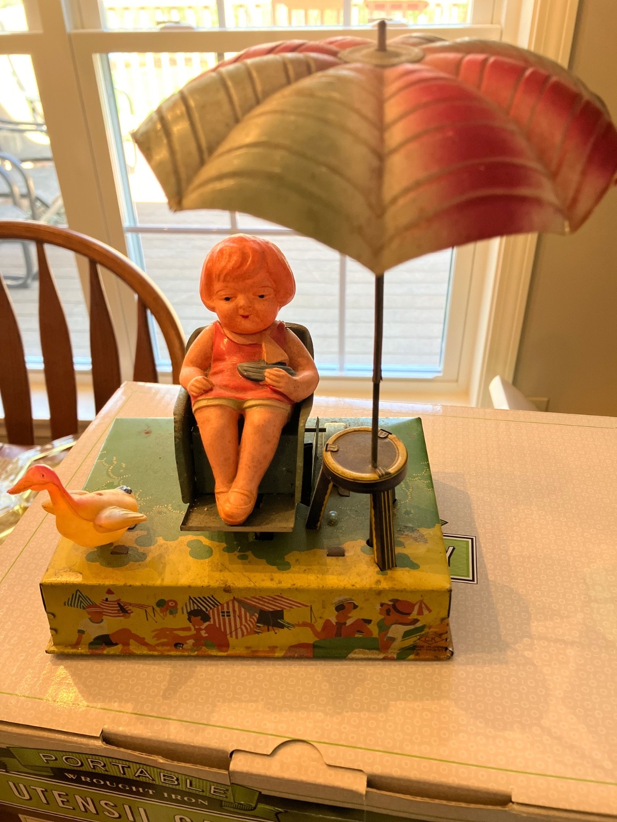 Vintage Wind Up C.K Trademark Boardwalk Delight Litho Tin & Celluloid Toy, Japan