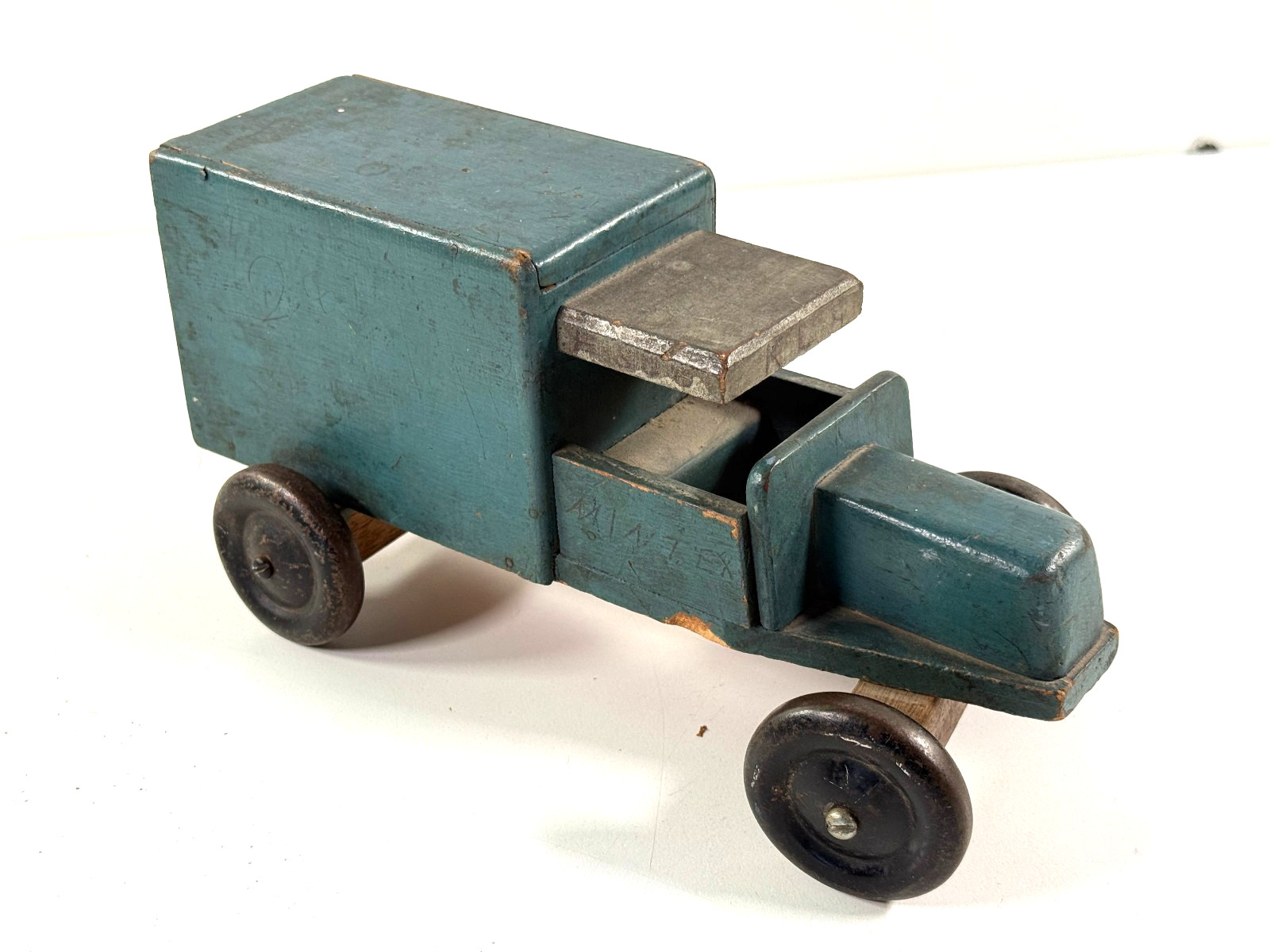 vtg 20s 30s Folk Art Wood Wooden Carved Toy Blue Delivery Truck