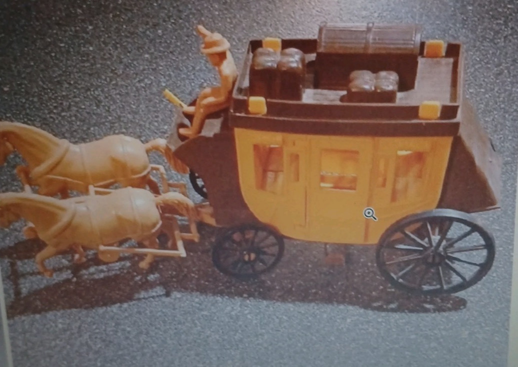 Wells Fargo Stage Coach with Driver & 2 Horses, Toy. Vintage Processed Plastic