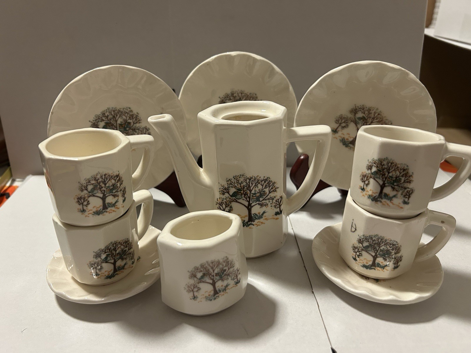 Vintage 1980’s Woolworth Owl China Toy Tea Set; 11 Pieces