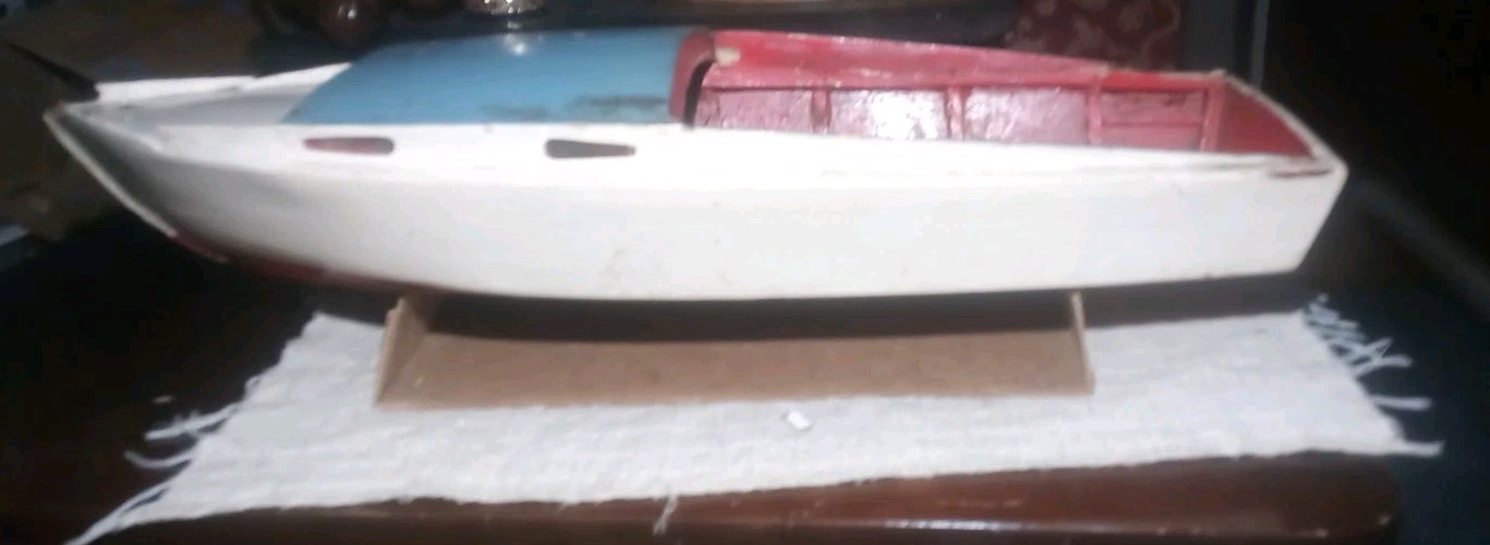 Vintage FOLK ART WOOD BOAT toy Handmade Large Over 24″ Long!! Hand Painted 1940s