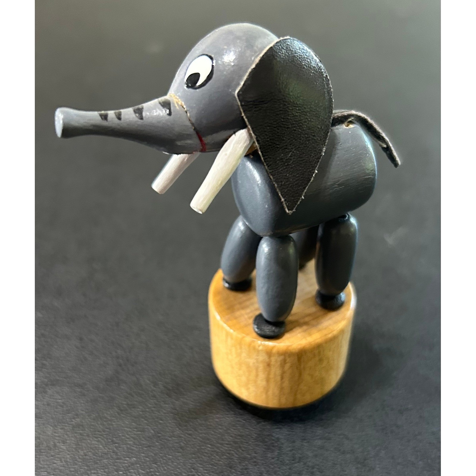 VTG Elephant Push Puppet Toy Gray Wood Leather Ears Italy MCM Euro Folk Art