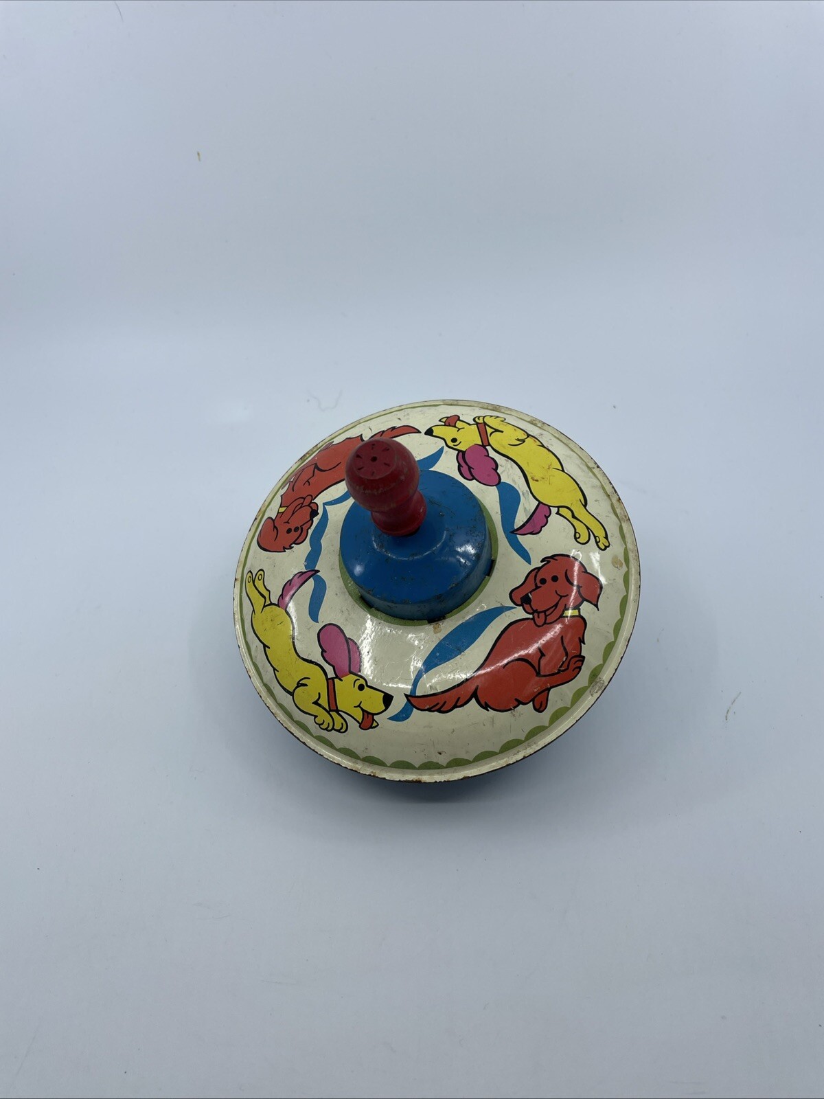 Vintage Small Spinning Top Tin Litho Dogs Red Yellow Blue w Wood Knob Wh4