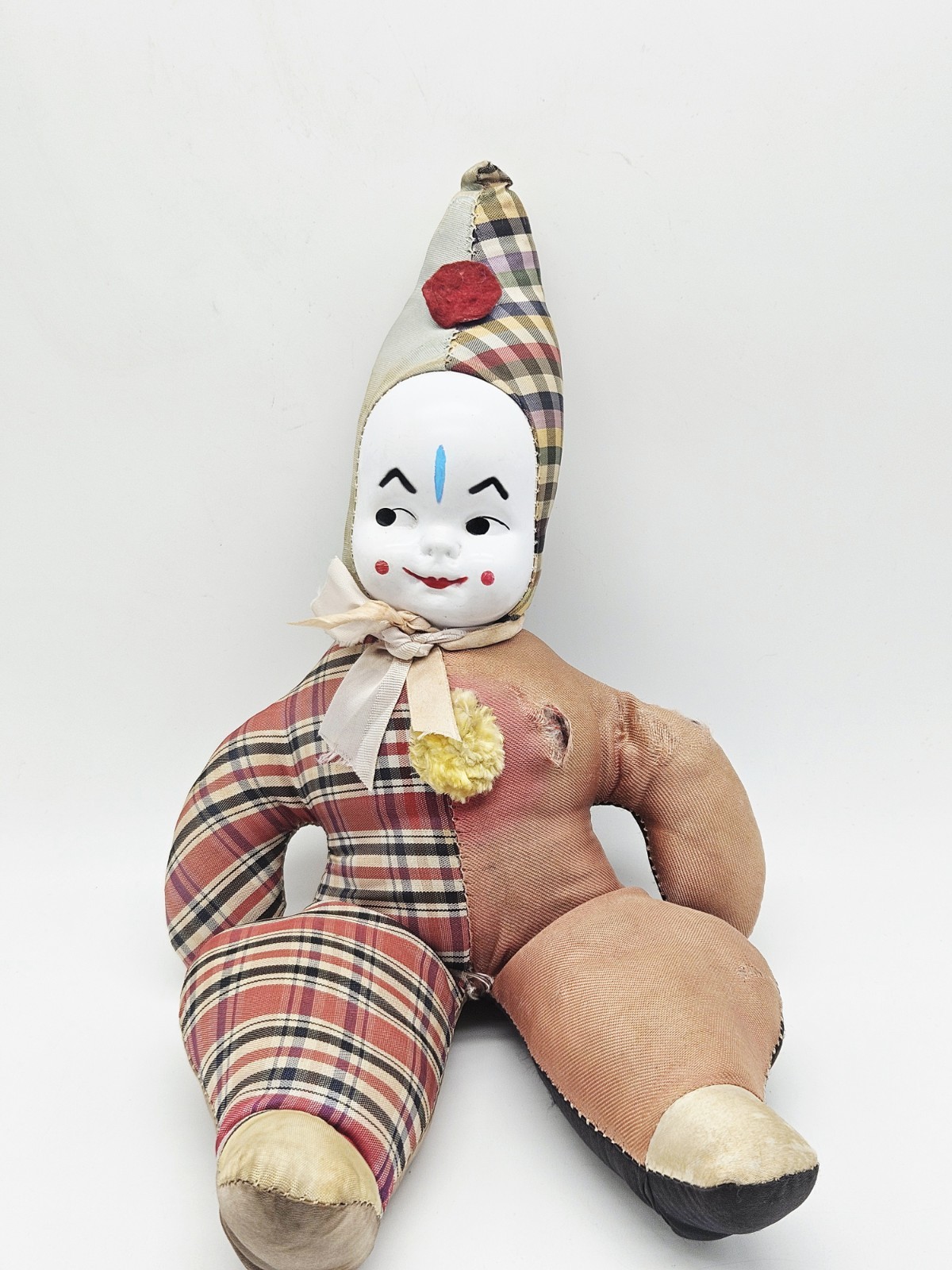 Vintage Celluoid Face Doll Collectible Cloth Carnival Prize Clown Hand Painted