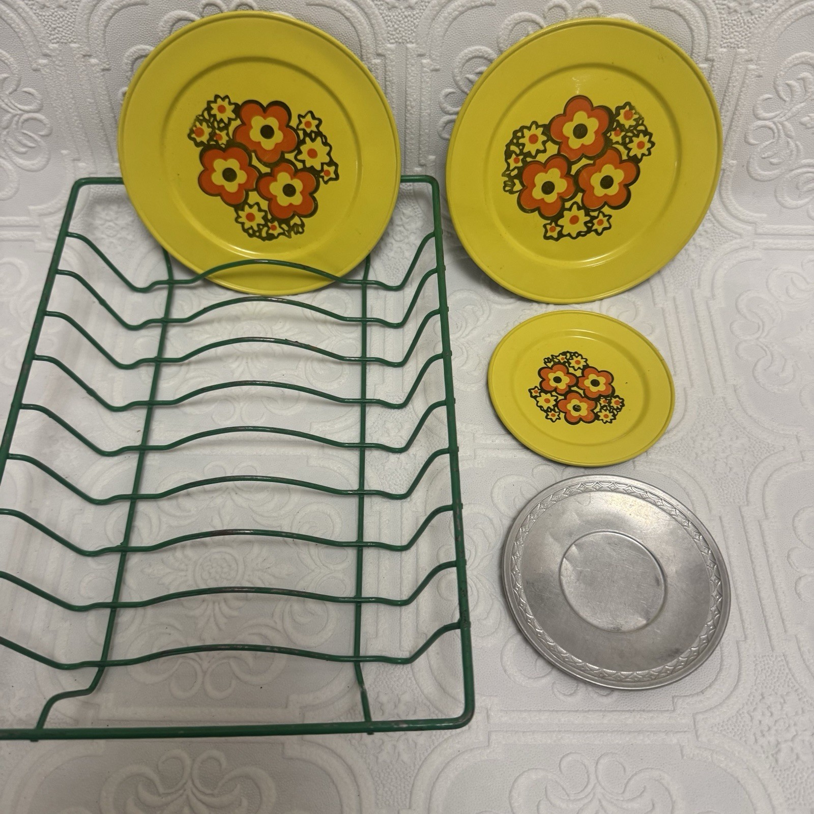 Vintage Doll Play Dishes W/ Drying Rack Flower Power Pattern Orange Floral & Tin