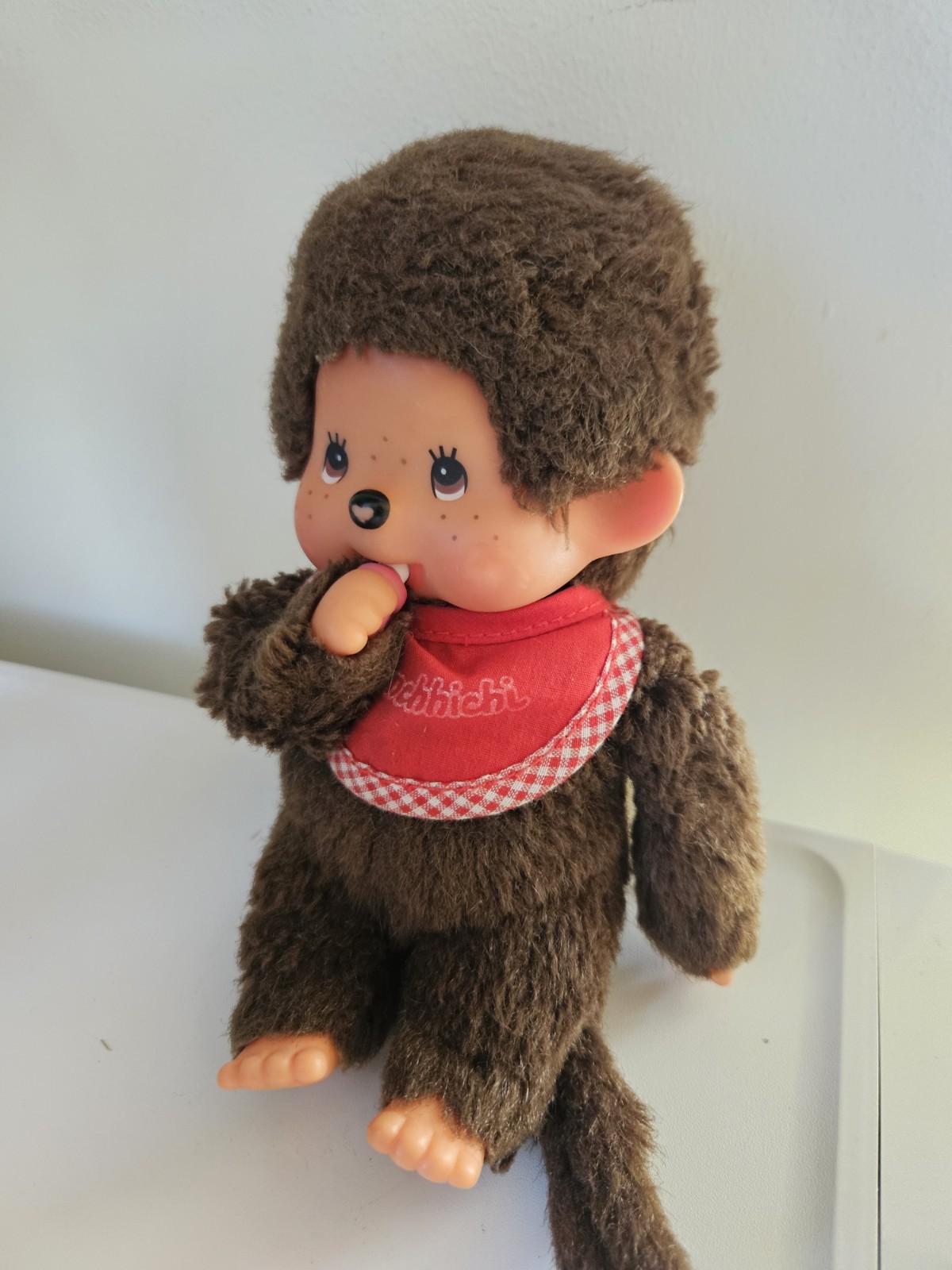 Vintage Monchhichi Sekiguchi Brown Thumb Suck Monkey & Red Bib 70s/80s Retro Toy