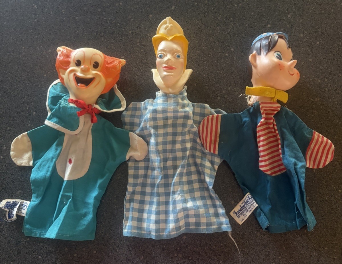 Vintage Hand Puppets Bozo The Clown Pinnochio Queen 1960s Rubber Heads Set of 3
