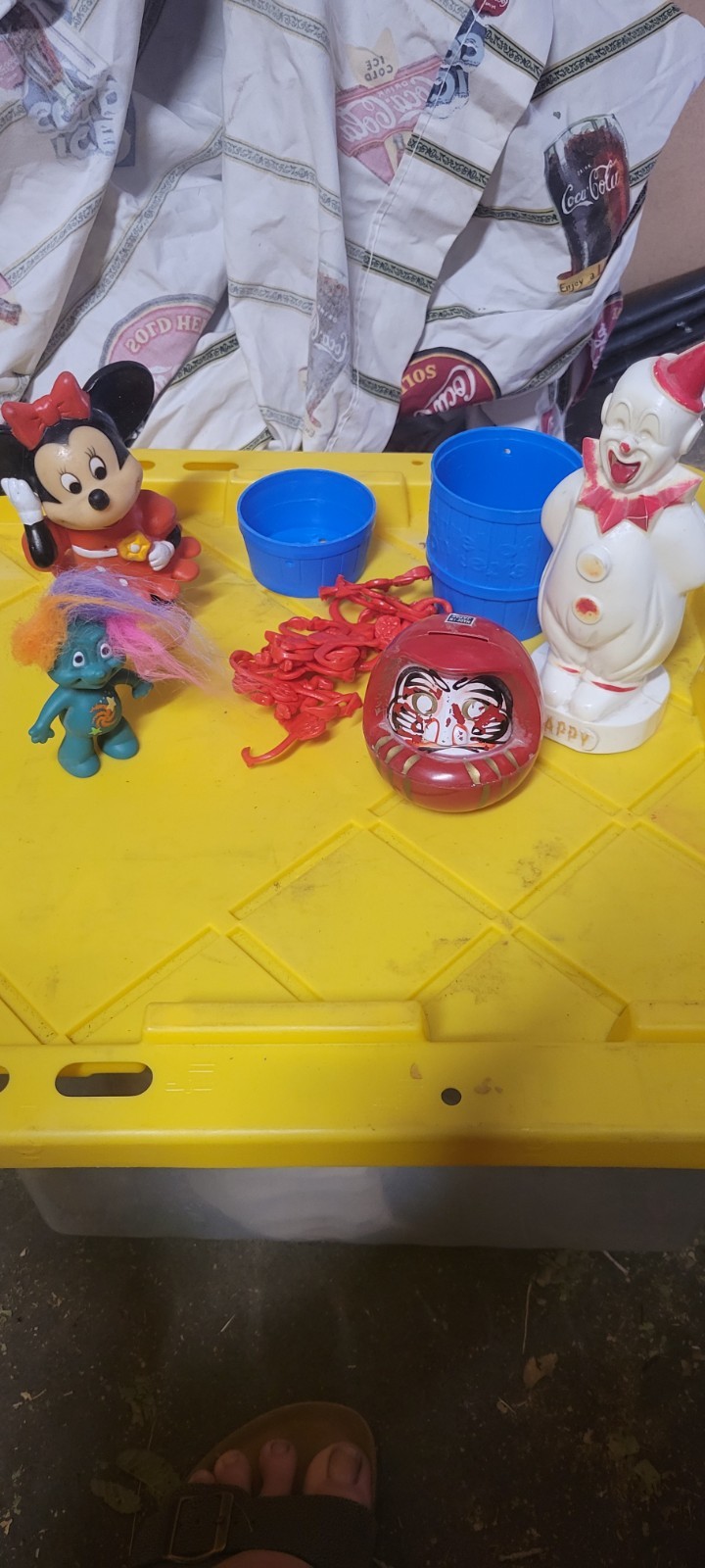 Vintage 1970’s Lot of 5 Plastic & Rubber Toy Banks, Barrel MONKEY, TROLL, MINNIE