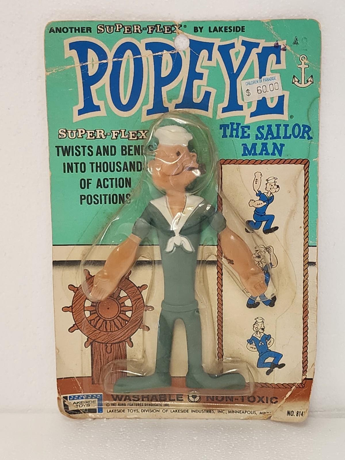 RARE 1967 Lakeside Super-Flex No. 8142 Popeye Bendable Rubber Figure ON CARD B13
