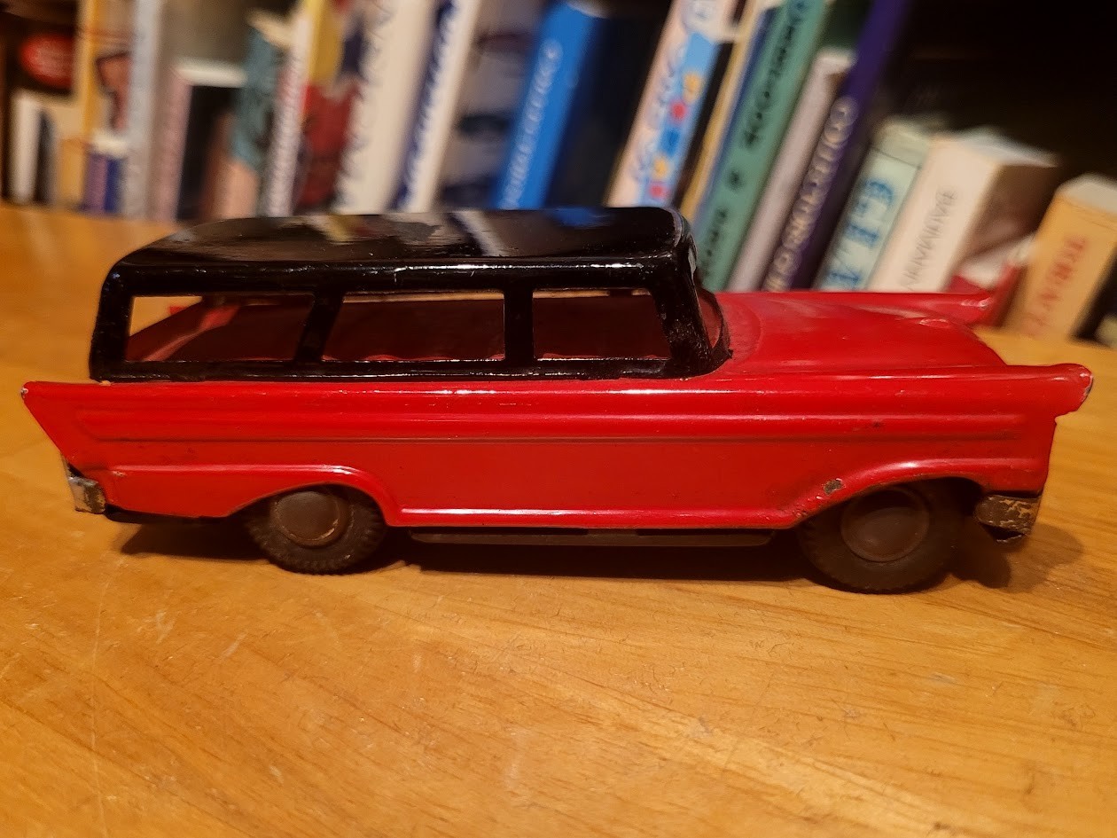 NICE RED MARUSAN TIN FRICTION POWERED 1958 FORD STATION WAGON