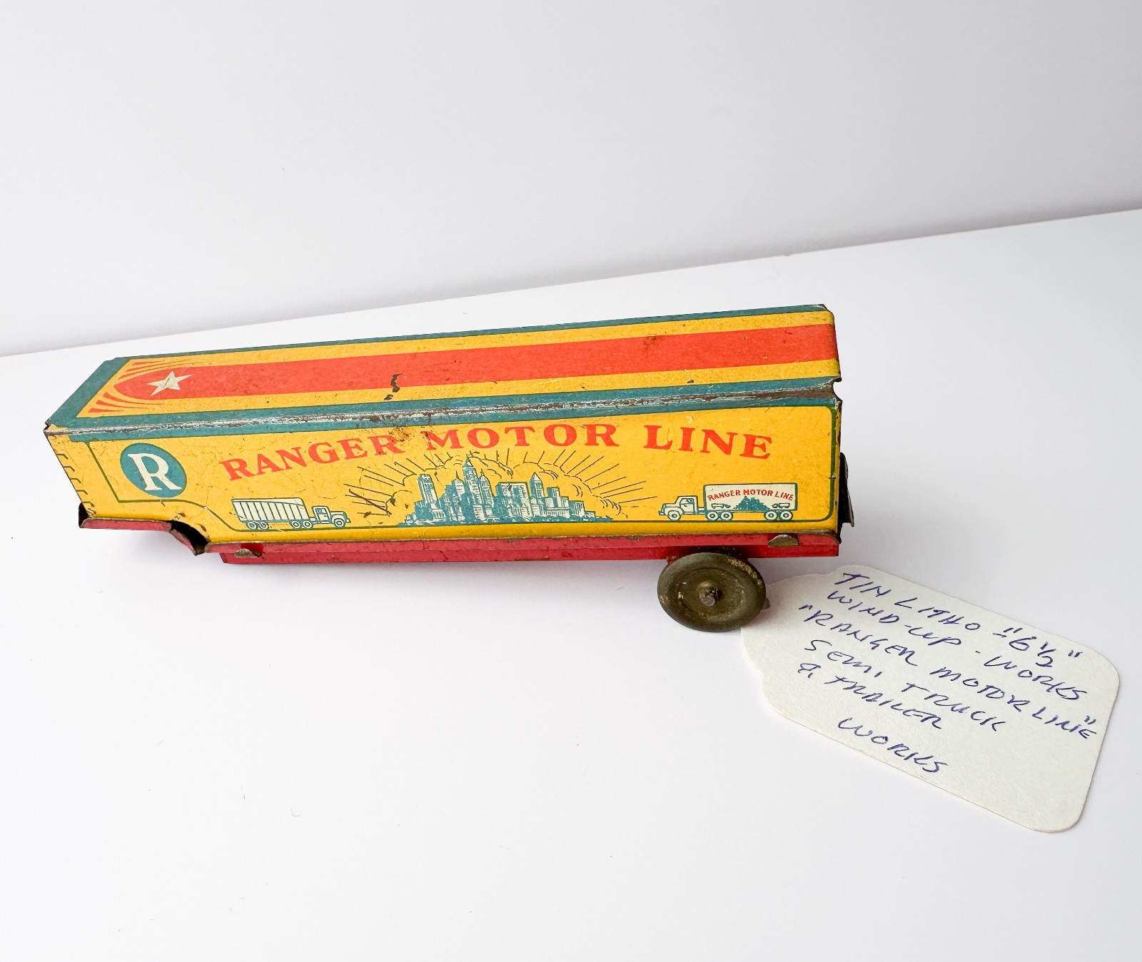 Tin Litho Ranger Motor Line Truck Clock Spring Wind Up Toy Semi Trailer ▪ Video